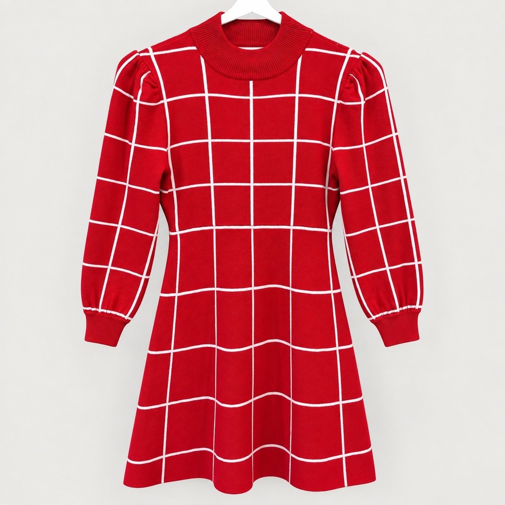 Poppies and Roses Girls Red White Grid Knit Sweater Dress Mock Neck Large L